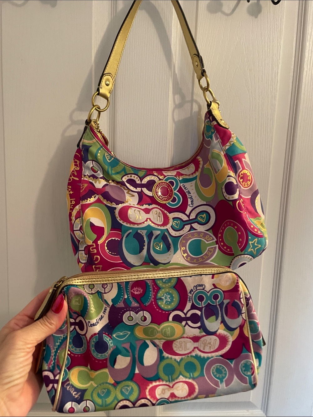 Coach Pink Multicolor Patterned Shoulder Bag with Pouch Y2K Retro